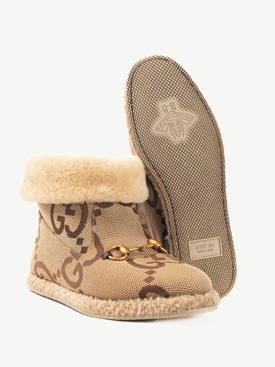 Gucci Fria Beige Jumbo GG Sherpa Horsebit Ankle Boots - Picture 4 of 11